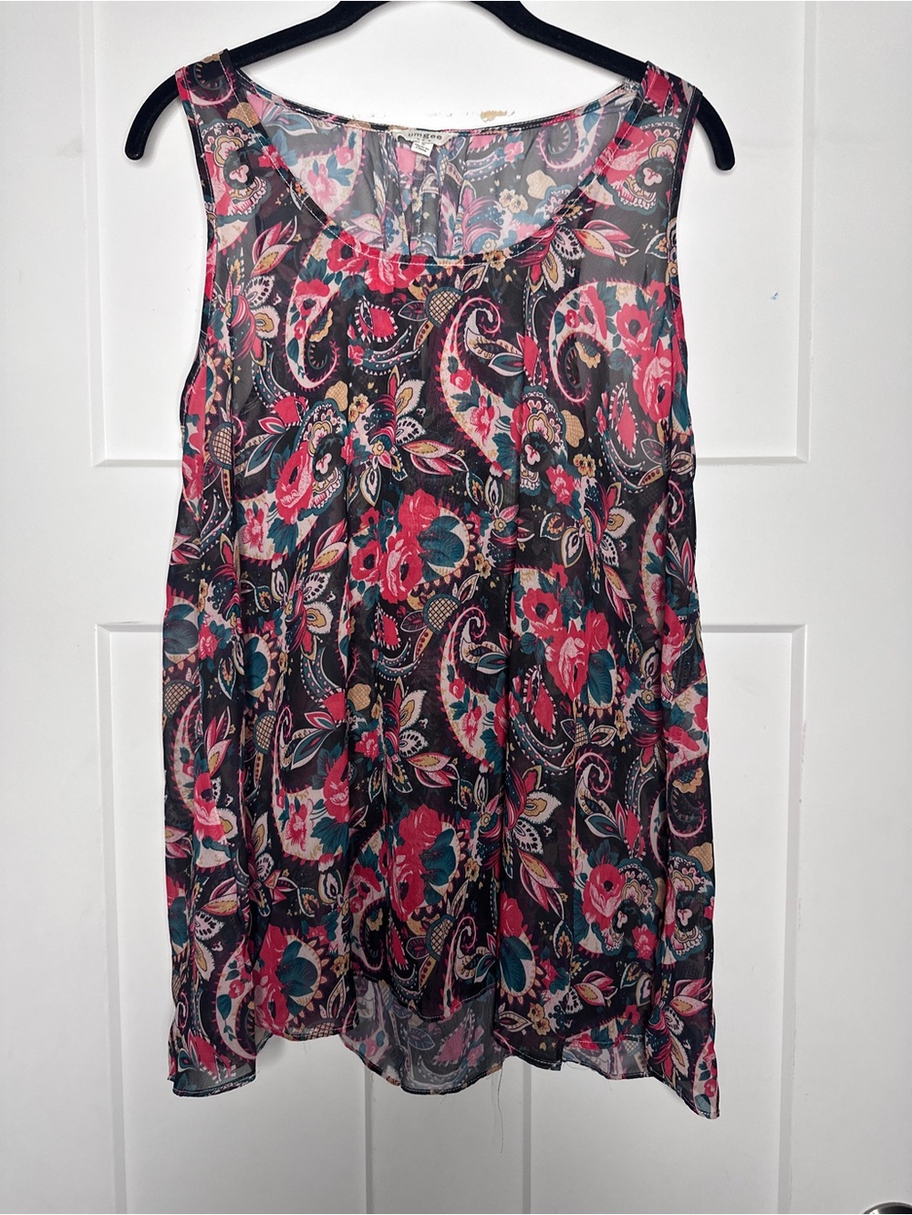 Umgee Black Floral Paisley Cotton Blend Sleeveless Camisole with Pink & Teal